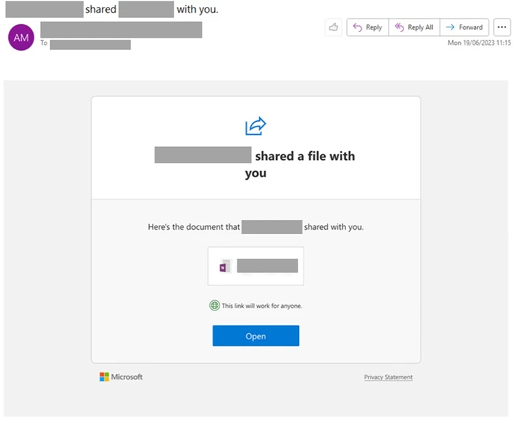 Snippet of sample phishing email sent by the threat actor