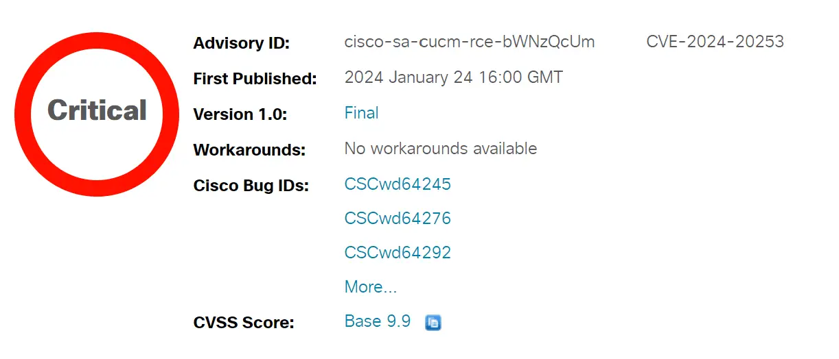 CVE202420253 (CVSS 9.9) Cisco Unified Communications Products RCE