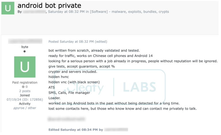 Forum post advertising a new Android bot