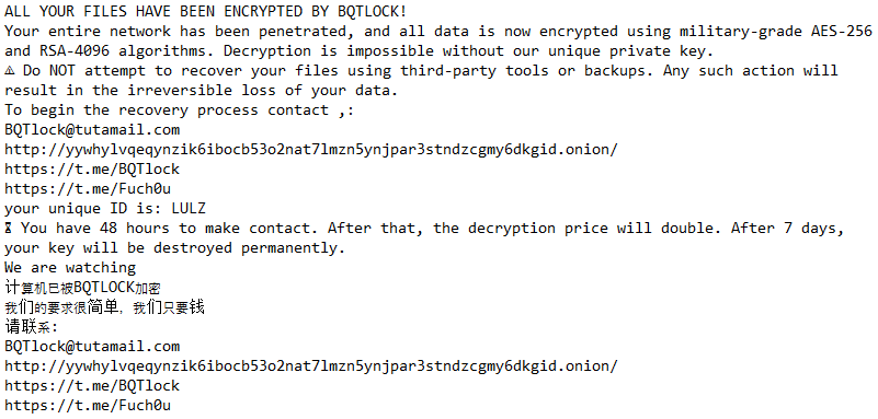 Ransomware-as-a-Service, BQTLock