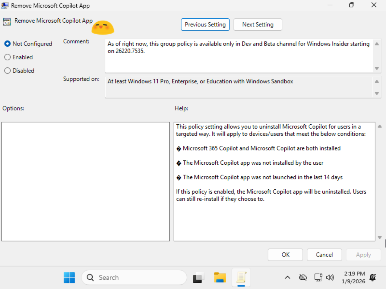 Windows 11 Build 26220.7535 Copilot removal, Remove Microsoft Copilot App Group Policy