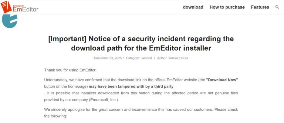 Trusted Tool, Hidden Threat: Official EmEditor Installer Hijacked to Push Malware