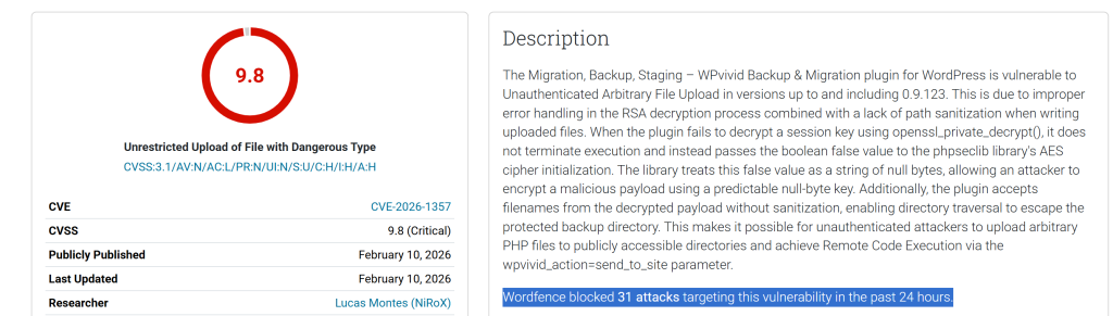 WPvivid Backup Vulnerability CVE-2026-1357