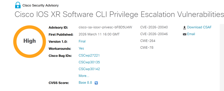 Cisco IOS XR Vulnerability CVE-2026-20040
