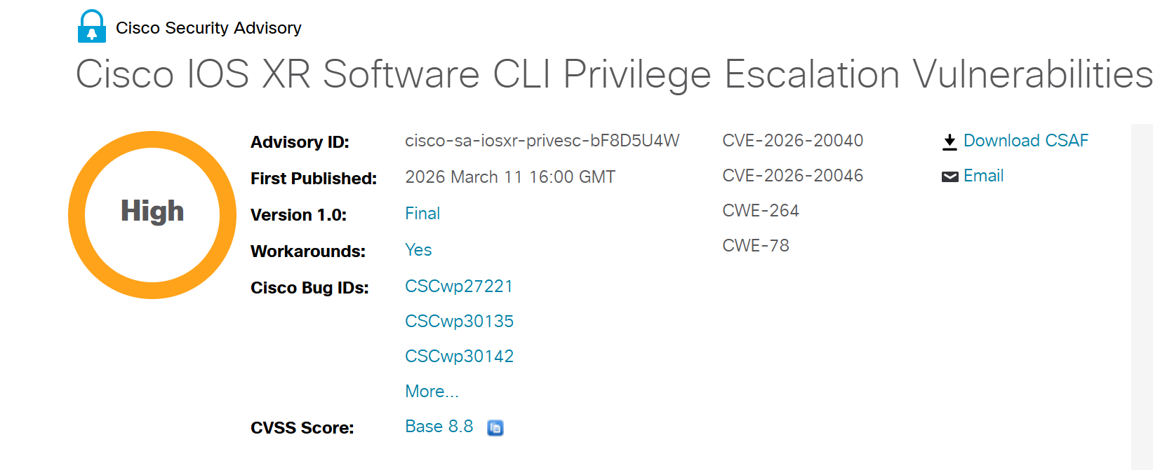 Cisco IOS XR Vulnerability CVE-2026-20040