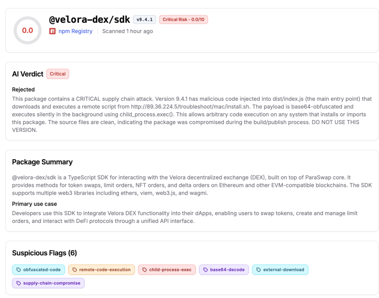 npm Supply Chain Attack @velora-dex/sdk Malware