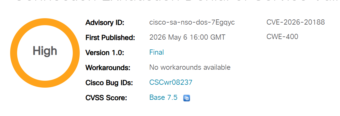 Cisco NSO Denial of Service CVE-2026-20188