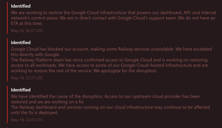 Railway infrastructure outage GCP suspension 2026
