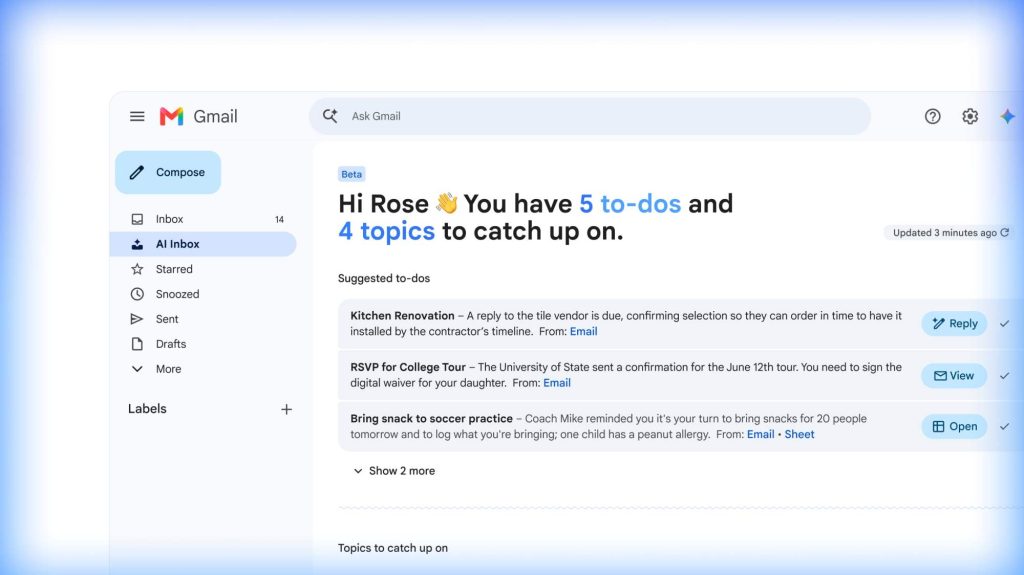 Gmail Live beta voice search interface on Android and iOS letting users find emails by talking to Gemini