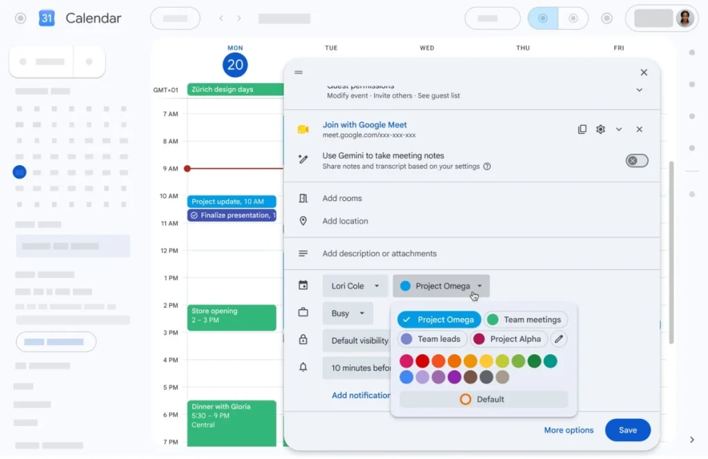 Google Calendar custom colors RGB picker event organization