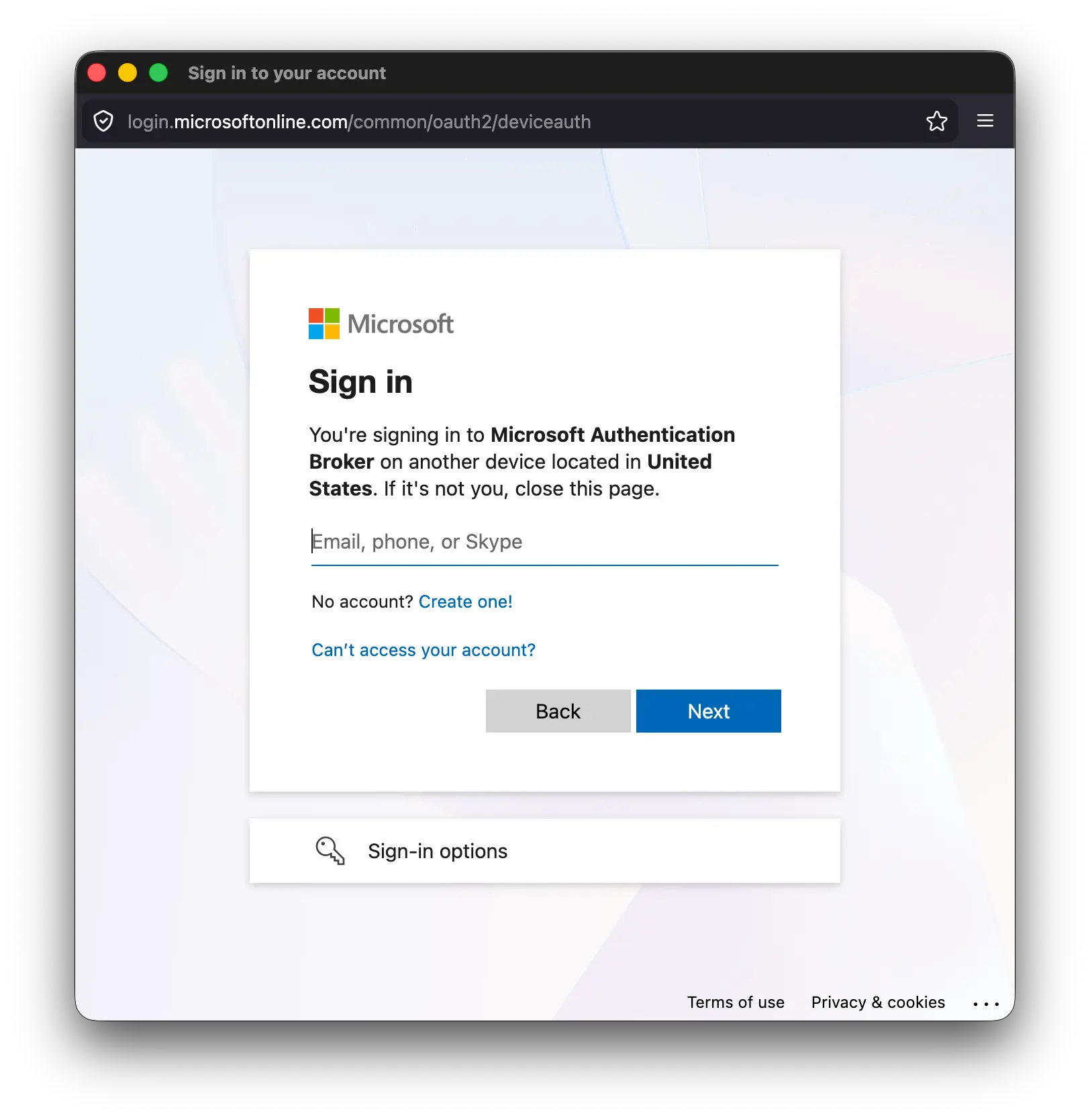 Device code phishing flow abusing Microsoft 365 OAuth device authorization for account takeover