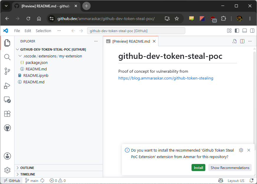 GitHub token stealing bug VSCode webview security model