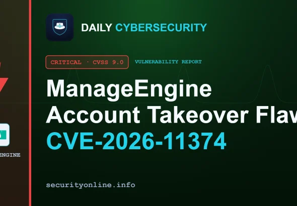 ManageEngine account takeover diagram explaining CVE-2026-11374 SSO ticket prediction