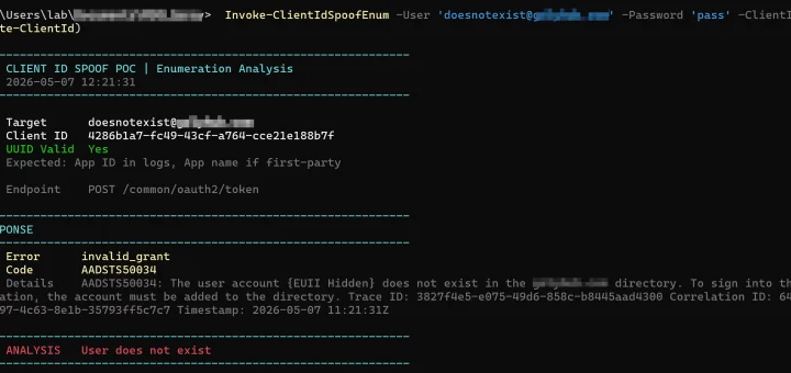 OAuth client ID spoofing enabling stealthy account enumeration against Microsoft Entra ID sign-in logs