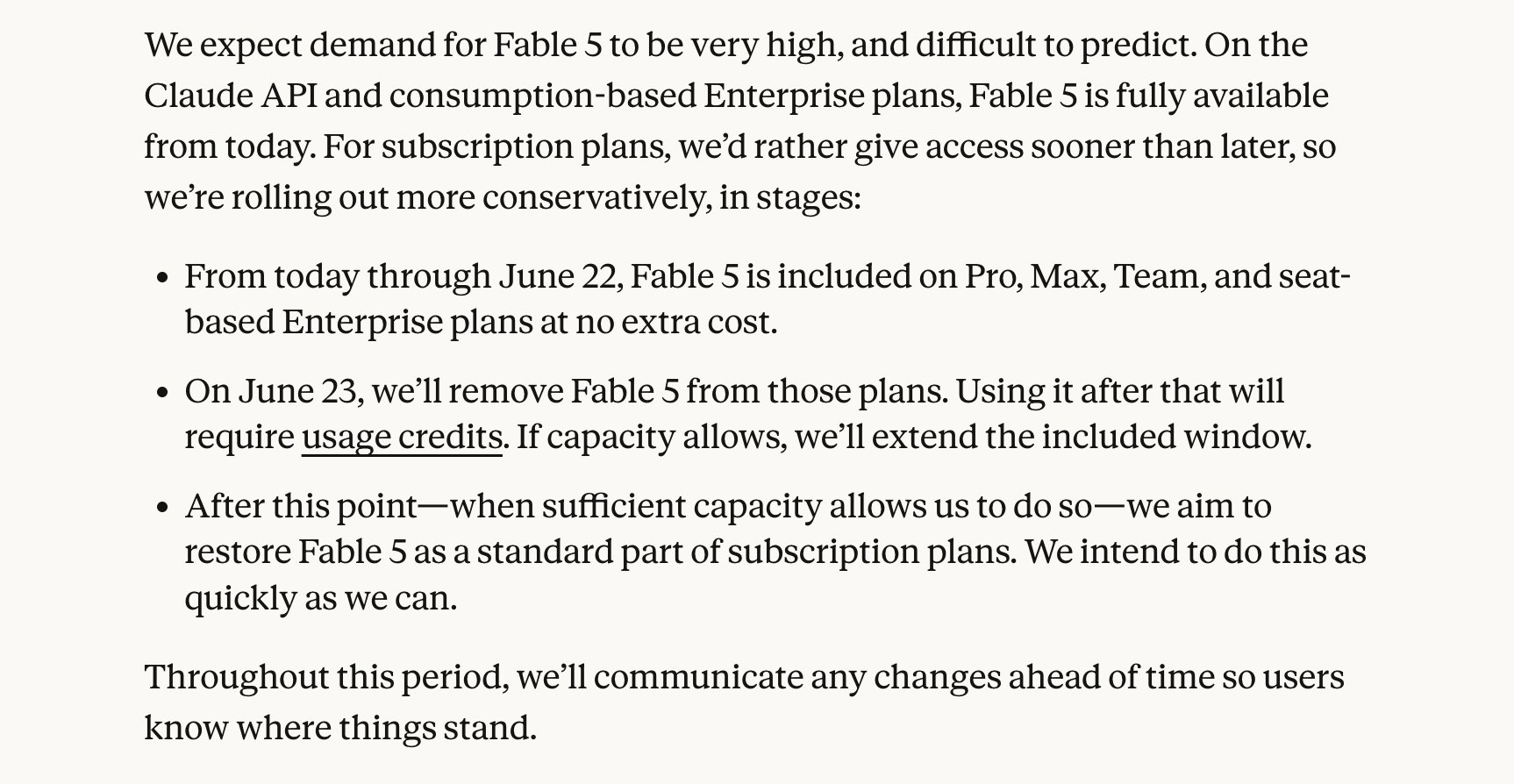 Claude Fable 5 subscription model and credit purchase prompt interface