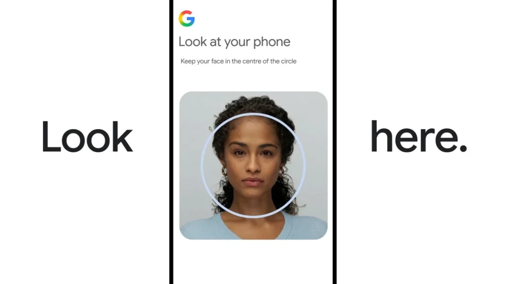 Google selfie video sign-in setup screen showing guided head movements for account recovery and liveness verification
