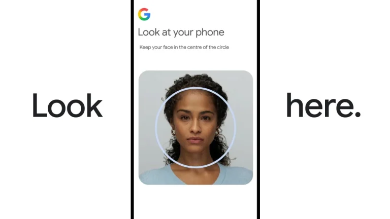 Google selfie video sign-in setup screen showing guided head movements for account recovery and liveness verification