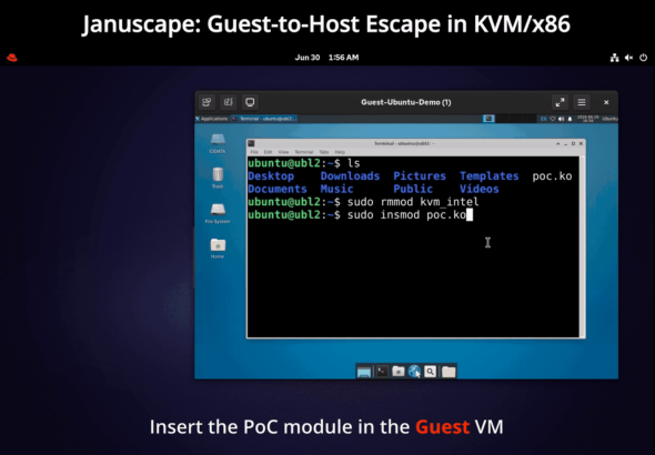 Januscape KVM escape architectural diagram showing CVE-2026-53359 use-after-free KVM bug exploitation
