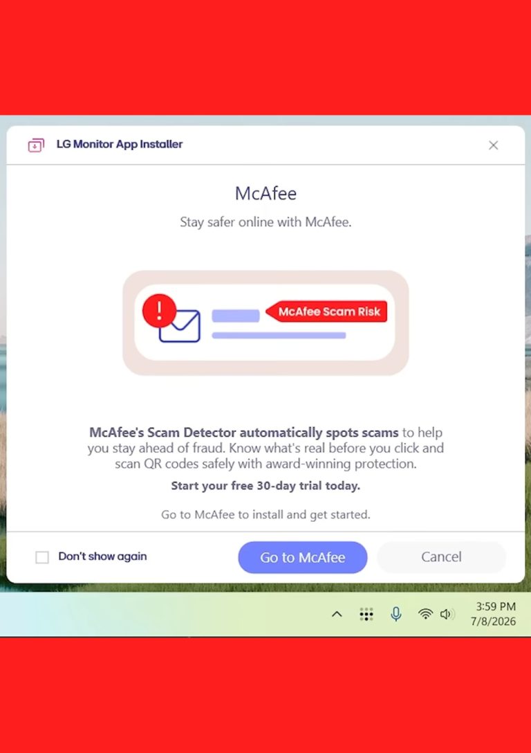 LG monitor adware pop-up promoting McAfee on a Windows desktop via device metadata