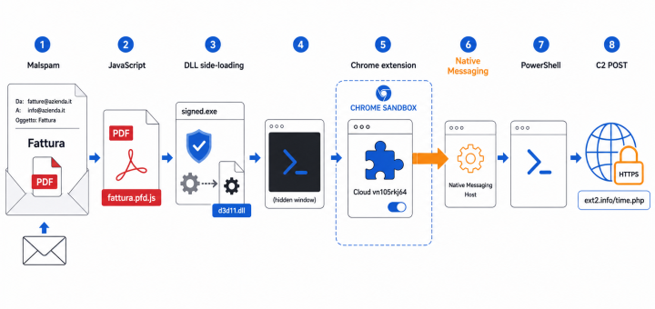 Native Messaging backdoor malicious Chrome extension PowerShell Windows infection chain diagram