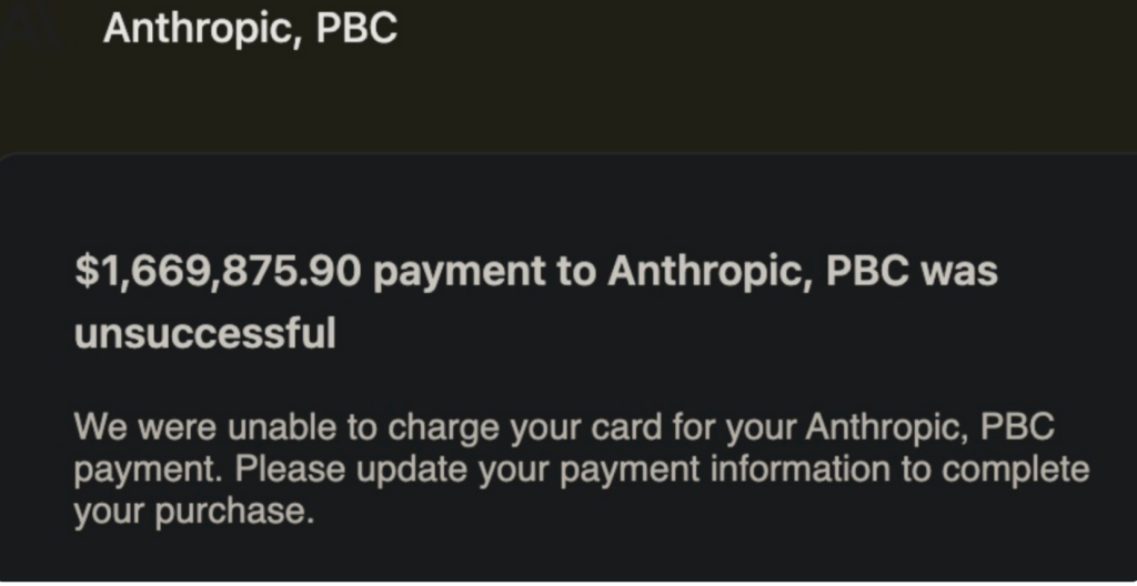 Anthropic API billing error notification, Claude API incorrect charge screenshot