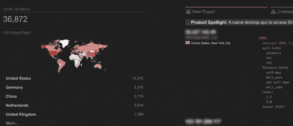 Map of 36,872 exposed BMCs leaking IPMI hashes via CVE-2013-4786 across data centers