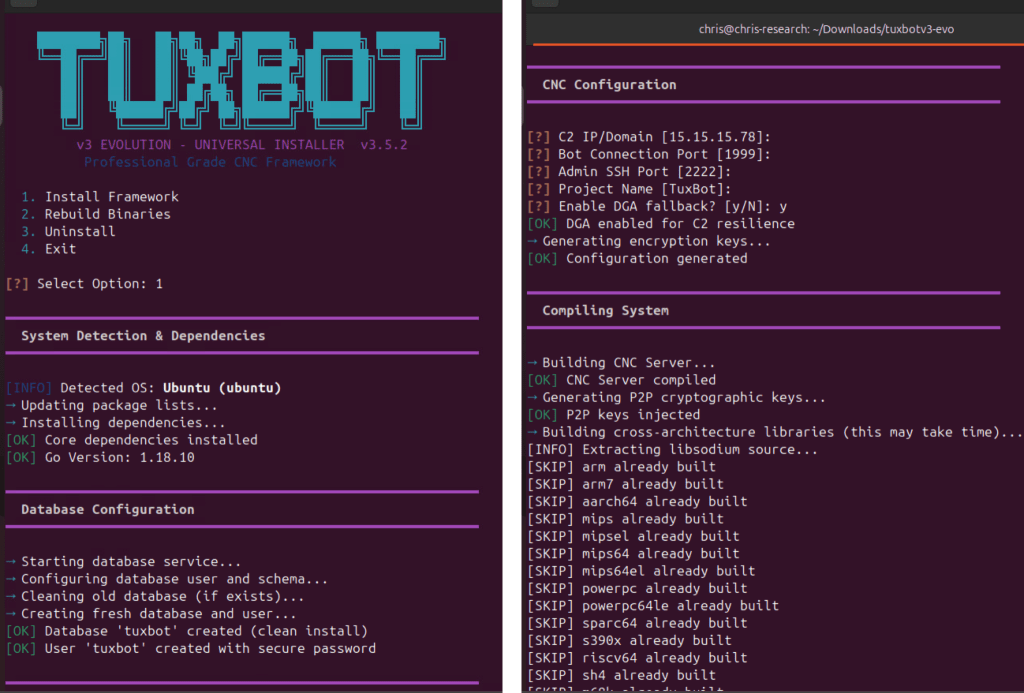TuxBot v3 Evolution IoT botnet C2 panel and cross-compilation build screen