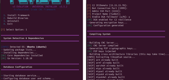 TuxBot v3 Evolution IoT botnet C2 panel and cross-compilation build screen