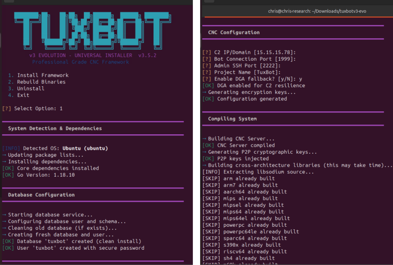 TuxBot v3 Evolution IoT botnet C2 panel and cross-compilation build screen