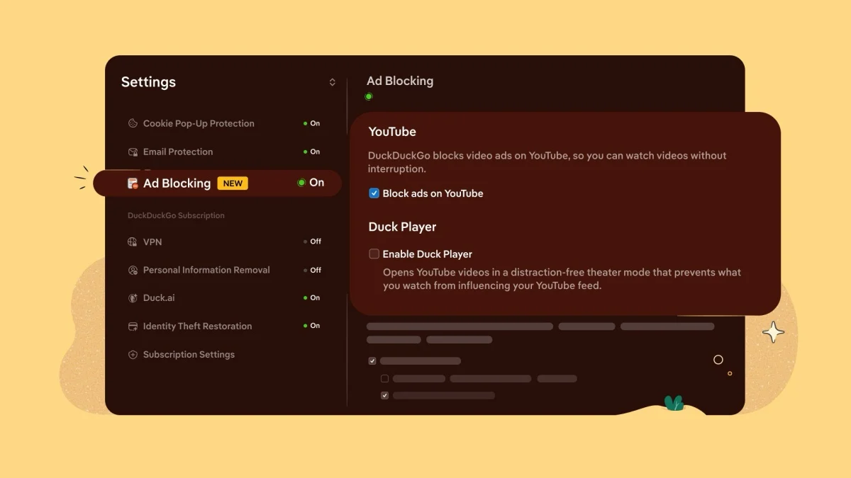 DuckDuckGo browser blocking YouTube video ads by default using uBlock Origin community filter lists