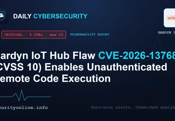 Gardyn IoT Hub advisory graphic showing CVE-2026-13768 remote code execution risk on smart garden devices