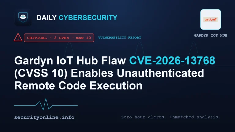 Gardyn IoT Hub advisory graphic showing CVE-2026-13768 remote code execution risk on smart garden devices