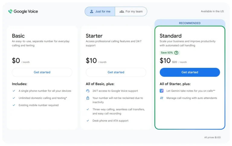Google Voice paid plans subscription tiers and AI transcription features