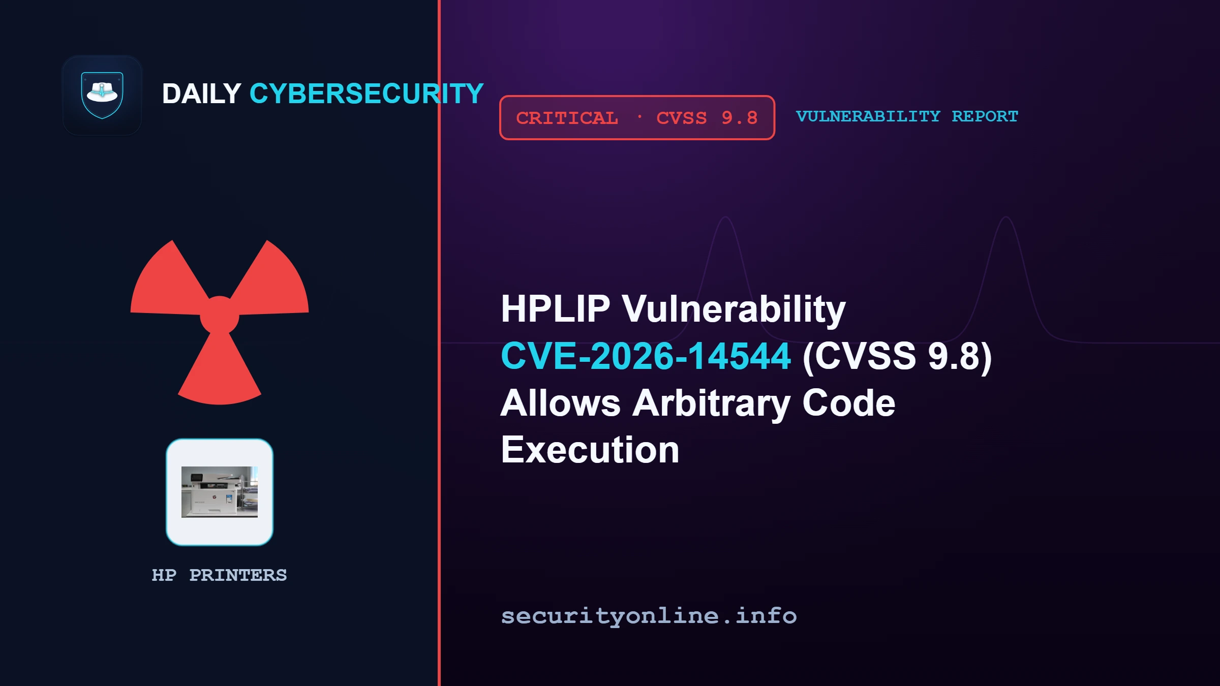HPLIP vulnerability advisory graphic showing CVE-2026-14544 arbitrary code execution via crafted print data