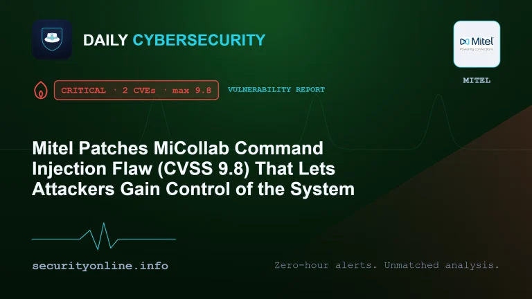 MiCollab command injection and OpenScape UC vulnerability advisories from Mitel showing CVSS 9.8 and CVSS 8.0 severity ratings