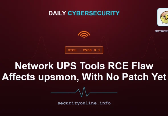 Network UPS Tools RCE advisory showing upsmon command injection via ups.alarm
