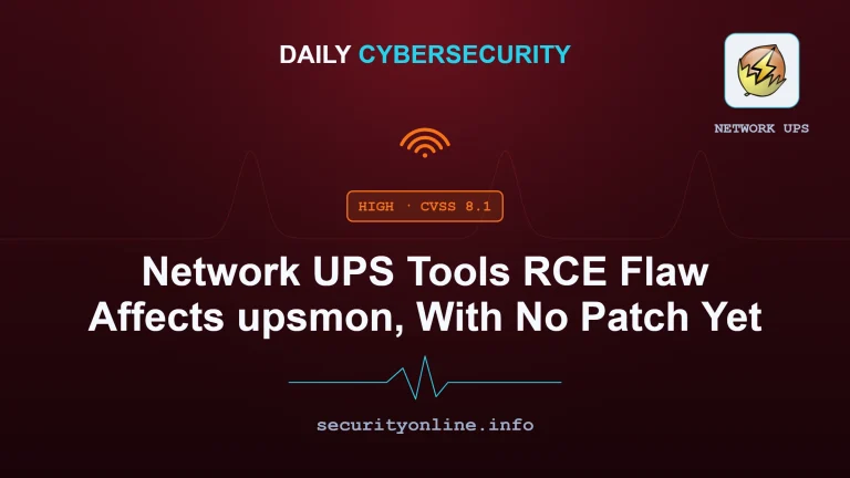 Network UPS Tools RCE advisory showing upsmon command injection via ups.alarm