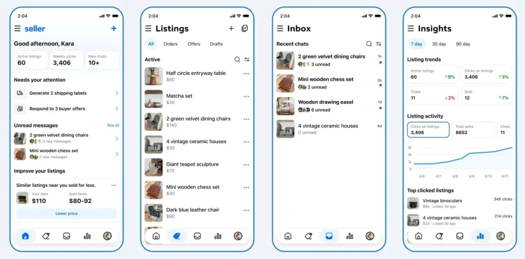 Meta Seller App dashboard for Facebook Marketplace showing Meta AI listing, unified inbox, inventory management, and performance analytics